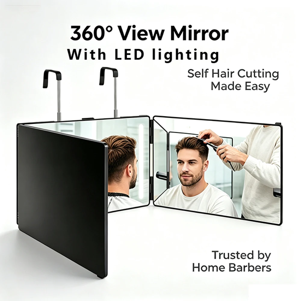 360° Dreifach-Klappspiegel mit LED-Beleuchtung, Selbstfrisierspiegel für Haare, geeignet für Haarschnitt und Styling