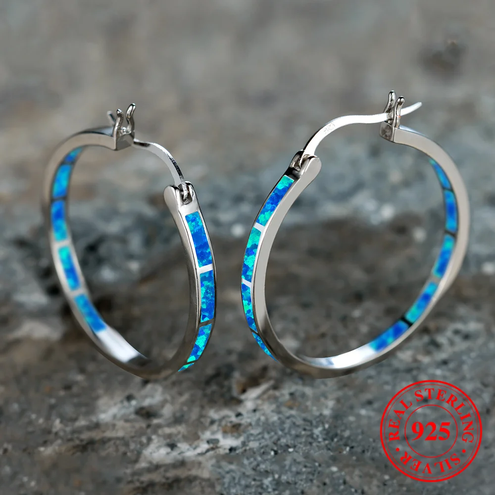 Boho Female White Blue Fire Stone Earrings Real Sterling Silver Hoop Earrings For Women Dainty Bridal Round Wedding Jewelry