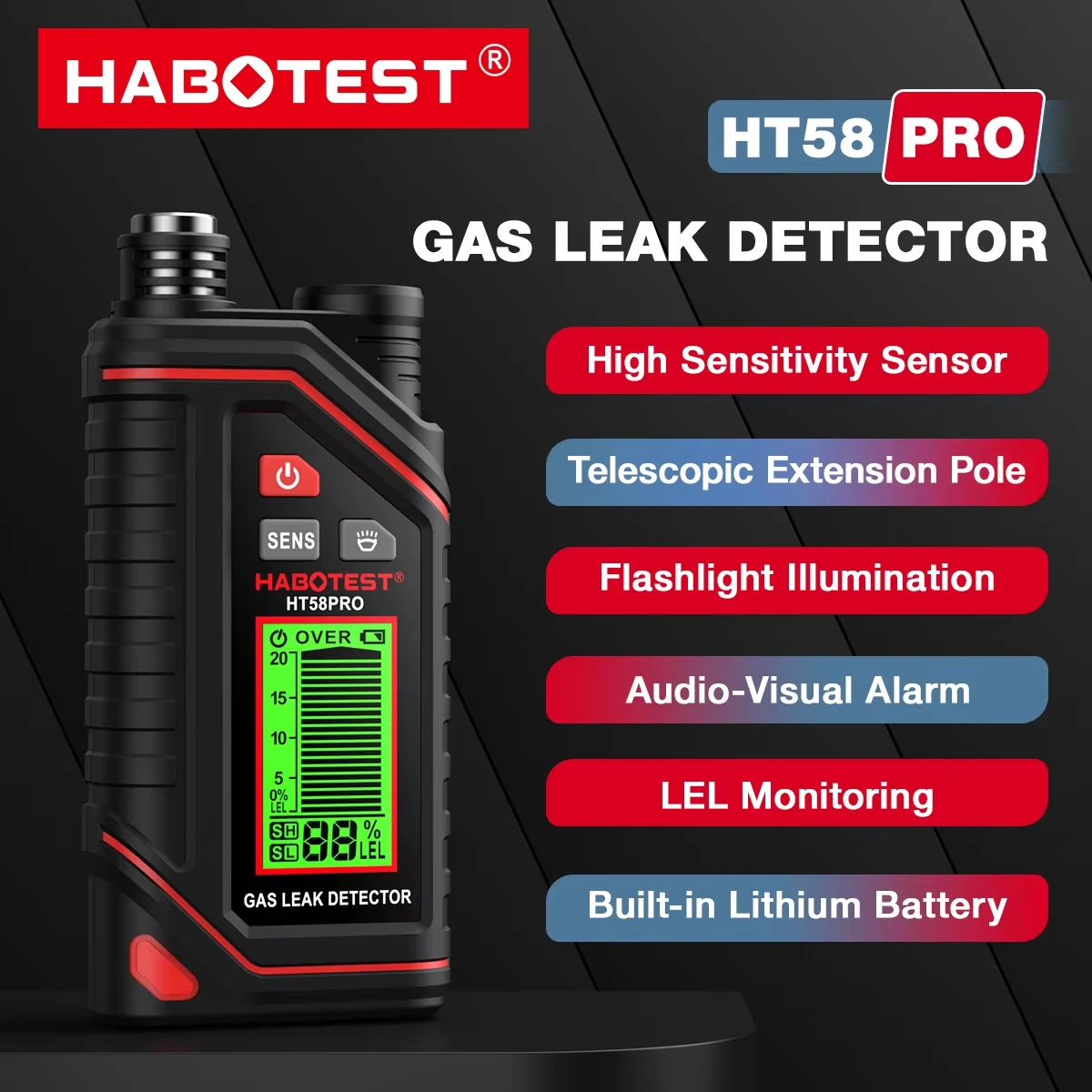 HABOTEST HT58Pro Combustible Gas Detector with Sound and Light Alarm 0-9999ppm Portable Rechargeable Combustible Gas Leak Tester