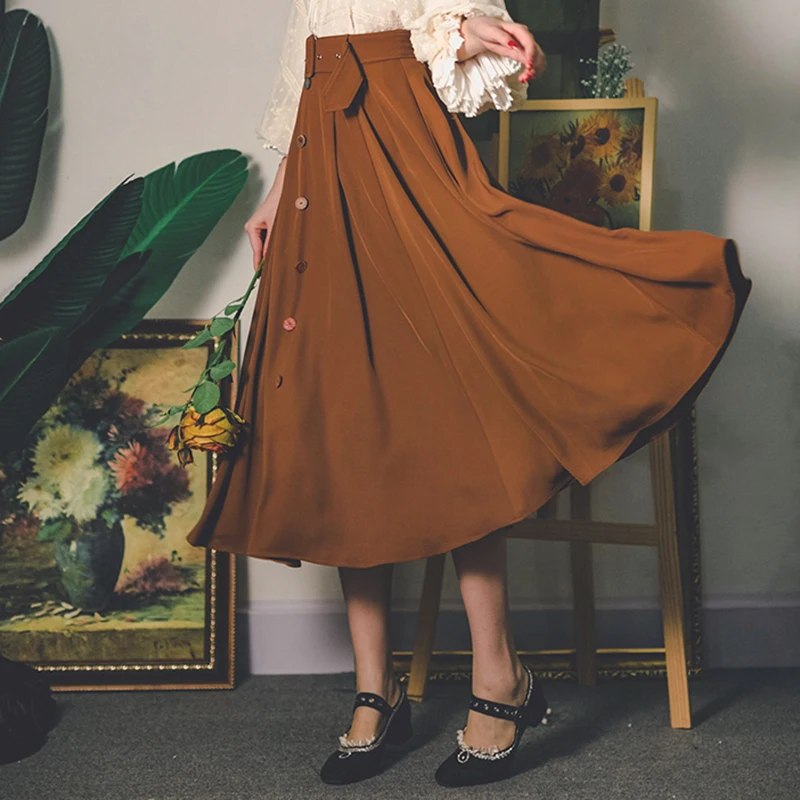 Draped Elegant Vintage Solid British Romantic Button Sash New Female Faldas Women Spring Fall Mid-Calf High Waist A-line Skirts