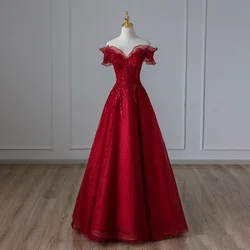 Robe de Soirée Plissée à Col Bateau pour Femme, Tenue Formelle en Tulle Bordeaux, Longueur au Sol, à Lacets, Manches Courtes, Paillettes, Ligne A, B2776