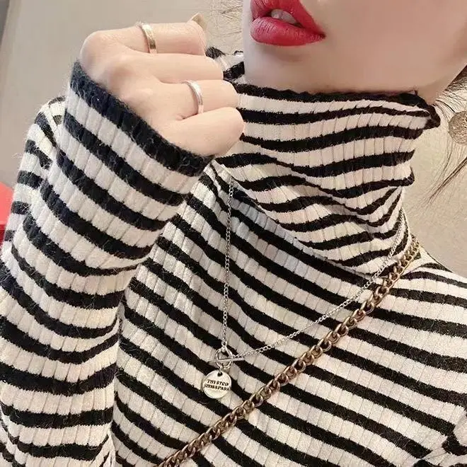 2024 New,Autumn Winter Turtleneck Button Striped Knit Sweaters, Women\'s Clothing, Stylish Knitted Pullovers, Girls Jersey Tops