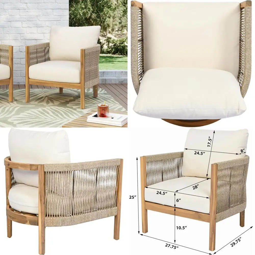 

Кресло Havets Patio Accent, кресло-клуб из акации, кресло с открытой спинкой и плетеными веревочными элементами, подушка толщиной 6 дюймов, комфортное уличное одноместное сиденье