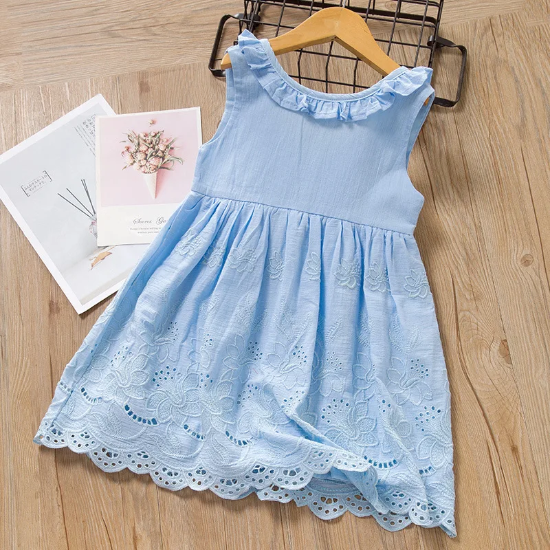 

Girls Sleeveless Dress 2025 Summer New Girls Ruffled Forest Style Dress Girls Embroidered Cotton Dress