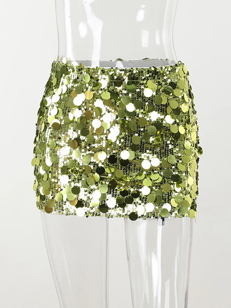 

Green High Waist Nightclub Mini Skirts Female Skinny Hot Girl Fashion Partywear Summer New Sequins Sparkling Women Skirt