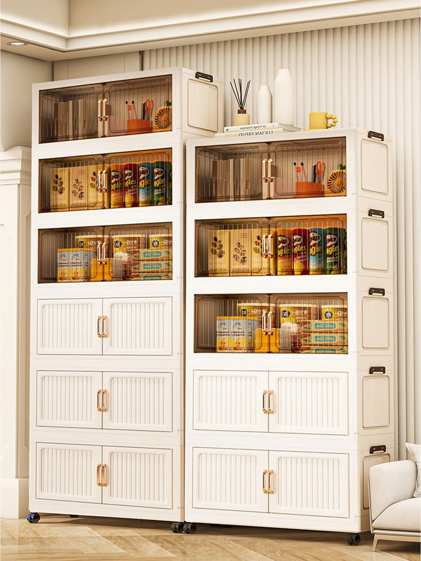 Free-Installation Foldable Storage Cabinet Plastic Organizer for Living Room Snacks & Kitchen Narrow Spaces, Household Storage