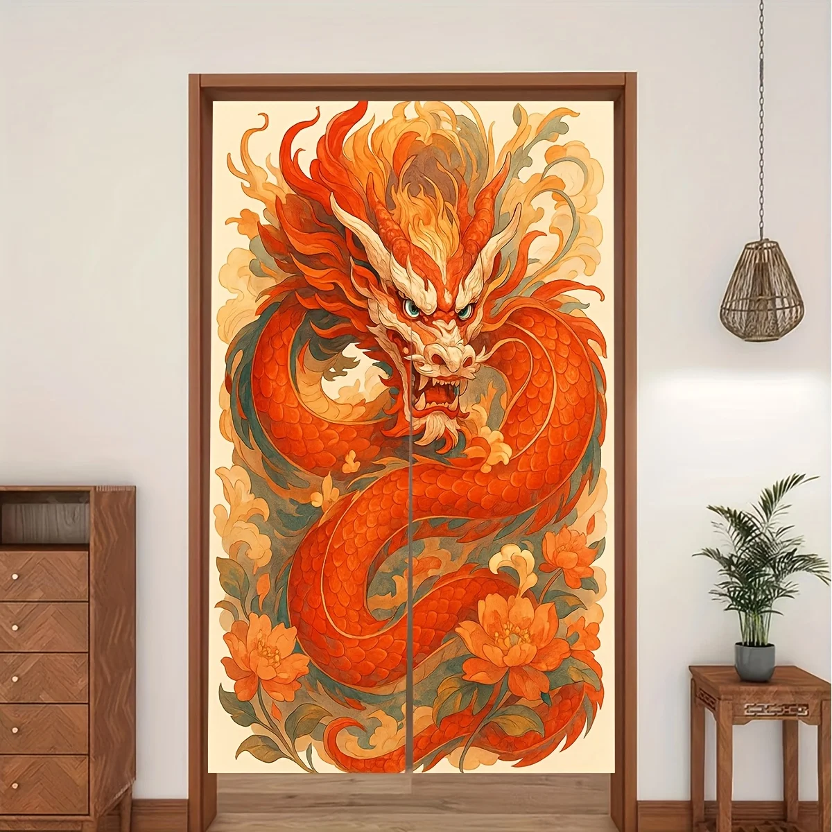 1pc Japanese dragon and peony door curtain, bright red phoenix pattern, suitable for bedroom and living room, machine washable