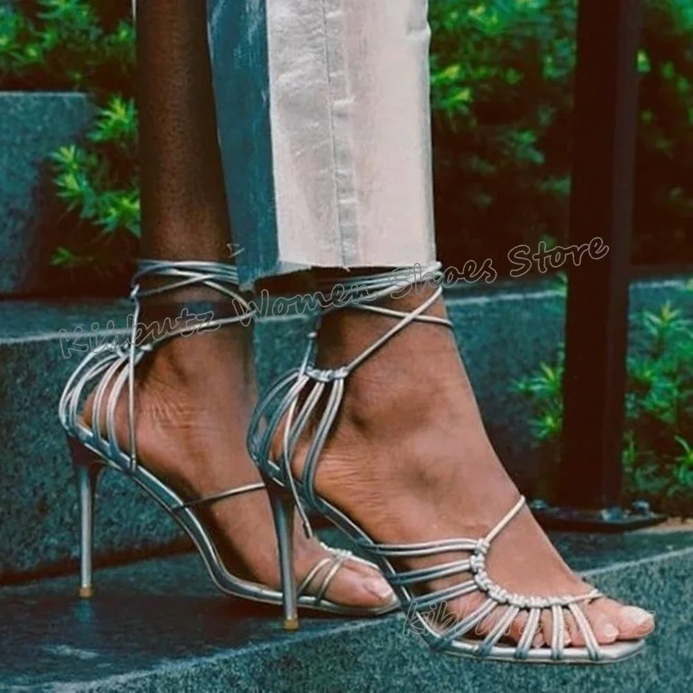 Rome Sandals Hollow Leather Lace-Up Solid Color Square Toe Thin Heels Fashion Concise Sexy Elegant Luxury Women Customize Shoes