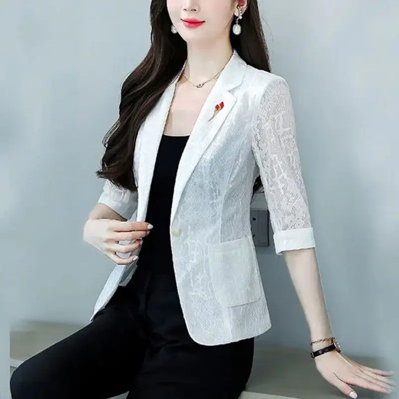 Women's Blazer Jacket Korean 2024 Spring Summer New Slim Lace Small Suit Jackets Female Elegant Professional Suit Women B6