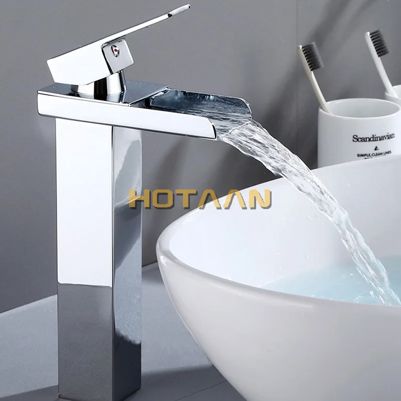 Waterfall Brass Basin Faucet Deck Mounted Single Lever Single Hole Cold&Hot Bathroom Basin Mixer Chrome Plated Tap YT-5022