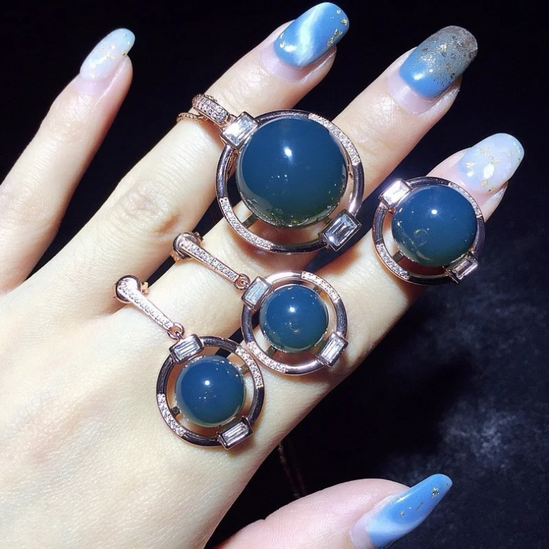 

11mm13mm18mm Mexican Blue Amber Inlaid S925 Silver Set Jewelry