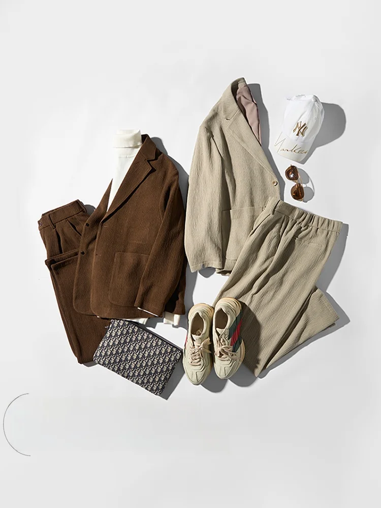 

Men's Two-Piece Suit Set with Pleated Texture And Dra Effect Faionable Urban Sle Polyester And Spandex Blend Busin...