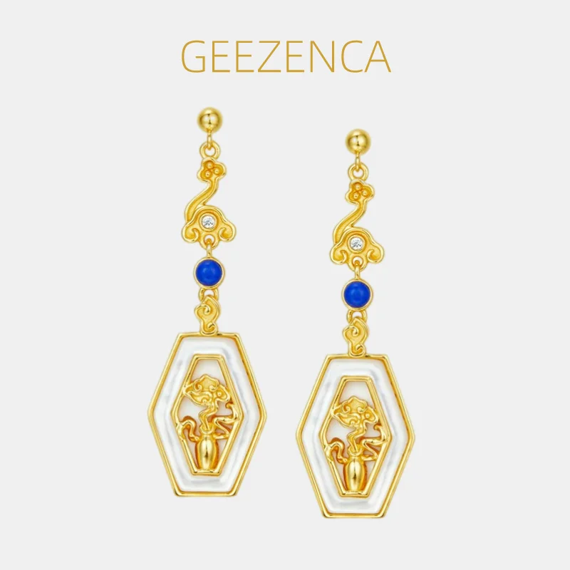 

GEEZENCA Lapis Lazuli White Shell 925 Silver 18K Gold Dangle Earrings For Women Vintage Luxury Flower Hollow Earrings 2024 New