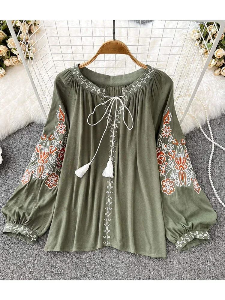 Women Spring Autumn Blouse Ethnic Retro Round Neck Embroidered Tassel Loose Tie Cotton and Linen Shirt Casual Doll Shirt D2763