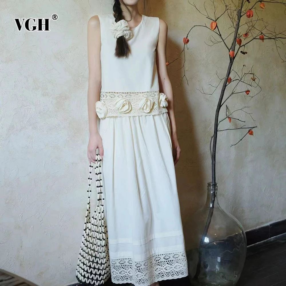 

VGH Loose Solid Two Piece Sets For Women Round Neck Sleeveless Spliced Appliques Top High Waist Long Skirt Elegant Set Female