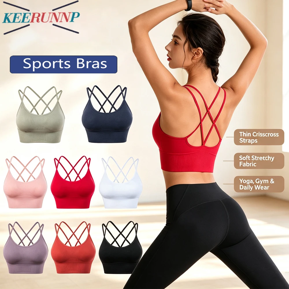 Keerunnp 1PC Women's Crisscross Back Sports Bra Removable Pads Low Impact Gym Yoga Running Workout Top Adjustable Straps
