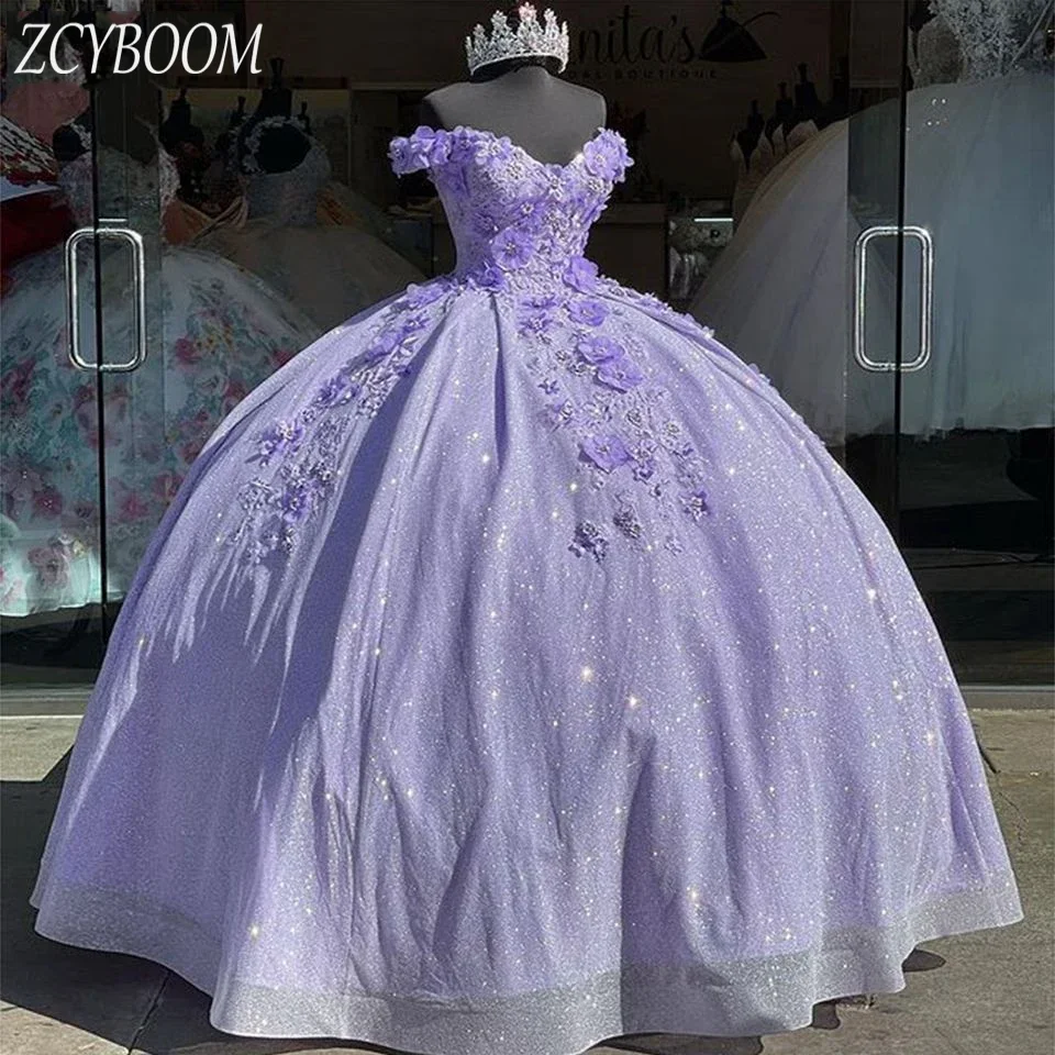 

Romantic Lavender Tulle Flowers Lace Puffy Party Dresses 2025 Ball Gown Birthday Party Sequin Beading Quinceanera Prom Dress