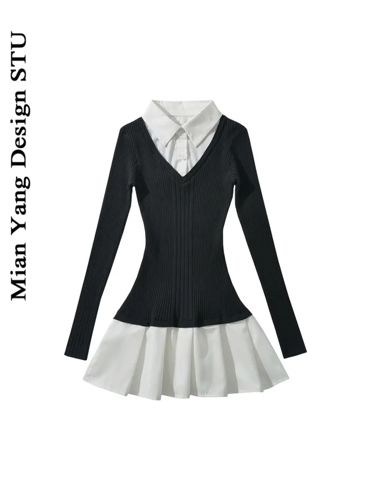 

Sweet Cotton irt Splice Dr Вязаная цветная блузка трапециевидной формы JK Pure Desire Плиссированная юбка Long Sve ort Dr для женщин