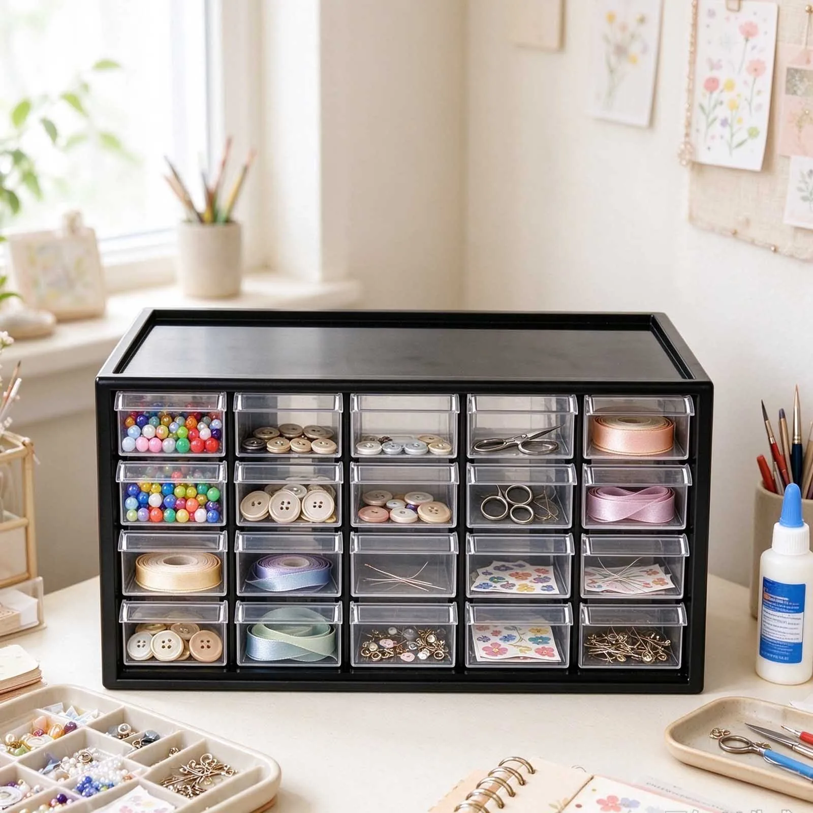 Cajonera transparente multiusos de 20 compartimentos, caja organizadora de plástico PP negro, ideal para herramientas y artículos de manualidades, cajones para piezas de escritorio, apta para el hogar y la oficina, tamaño 38×15,5×19,5 cm