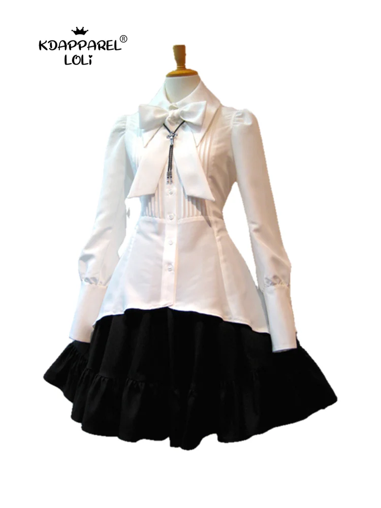 Victorian Gothic Women Cosplay Set Medieval Shirt Dress Pleated Skirt 2pcs Suit Black White Plus Size Lolita Bow Collar Vintage