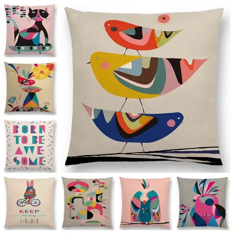 Cartoon Sofa Throw Pillow Case Colorful Animals Bird Cat Deer Peacock Owl Flowers Song Cushion Cover