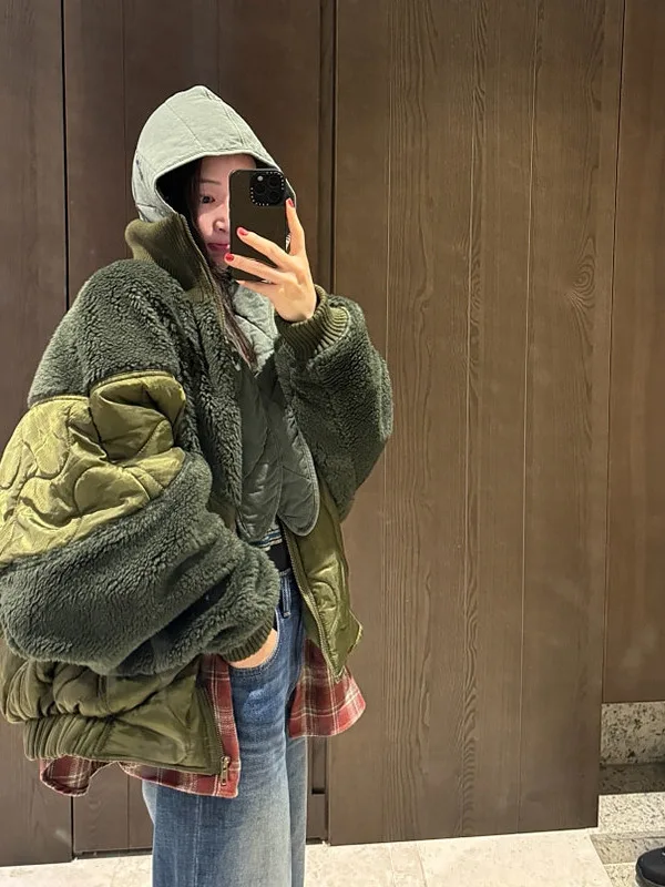 Korean Style Heavy Work Lamb Fur Patchwork Cotton Jacket Women's Winter Popular Loose Lazy Cotton Clothes Warmth