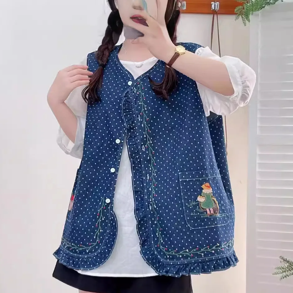 Mori kei clothing vintage cartoon girl embroidered denim vest for women autumn ruffled denim waistcoat cardigan jean vest