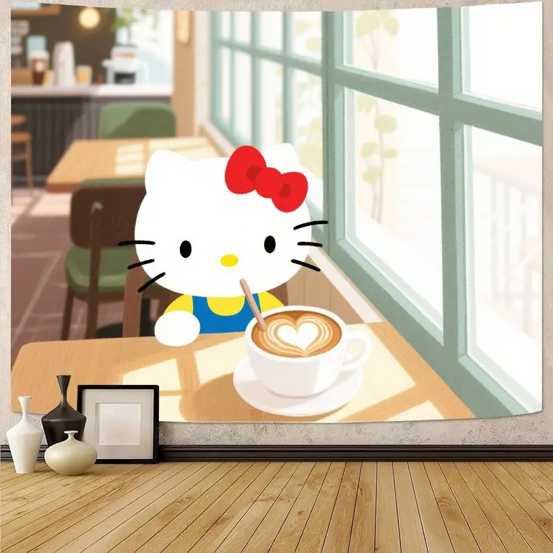 

1 шт. гобелен Sanrio Hello Kitty Kawaii Cafe, уютный полиэстеровый настенный декор в стиле латте для спальни, гостиной, общежития, подарок.