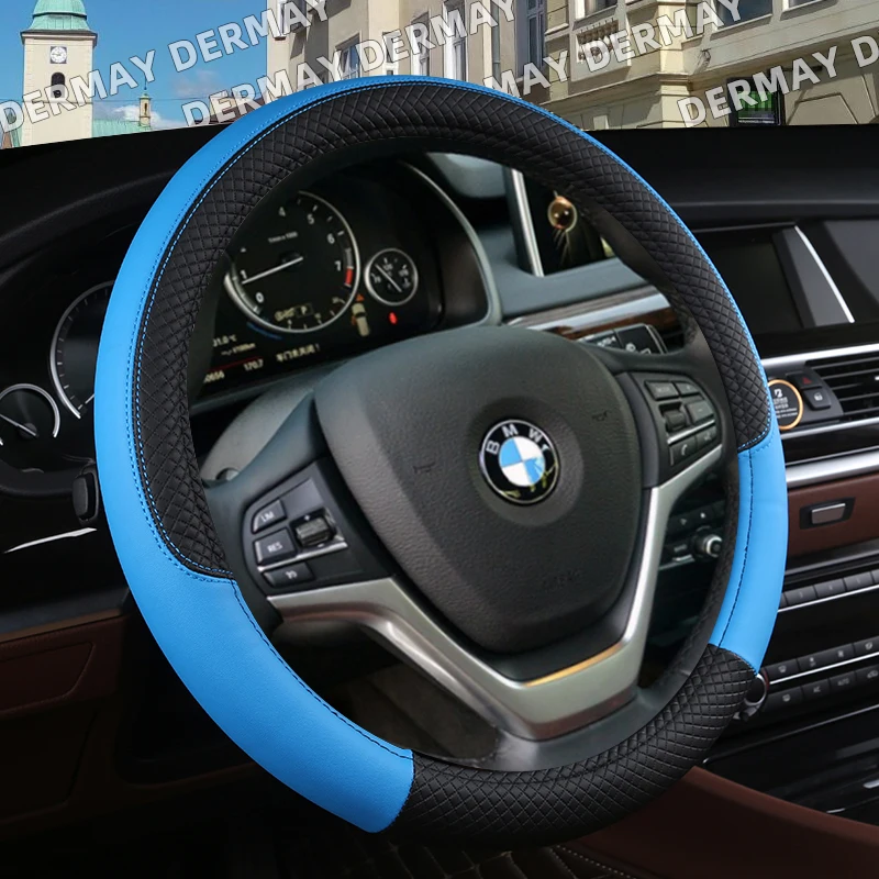 DERMAY 36cm 38cm 40cm 42cm Car Steering Wheel Covers PU Leather Blue line for Car Bus Truck Customized Large/Small Size