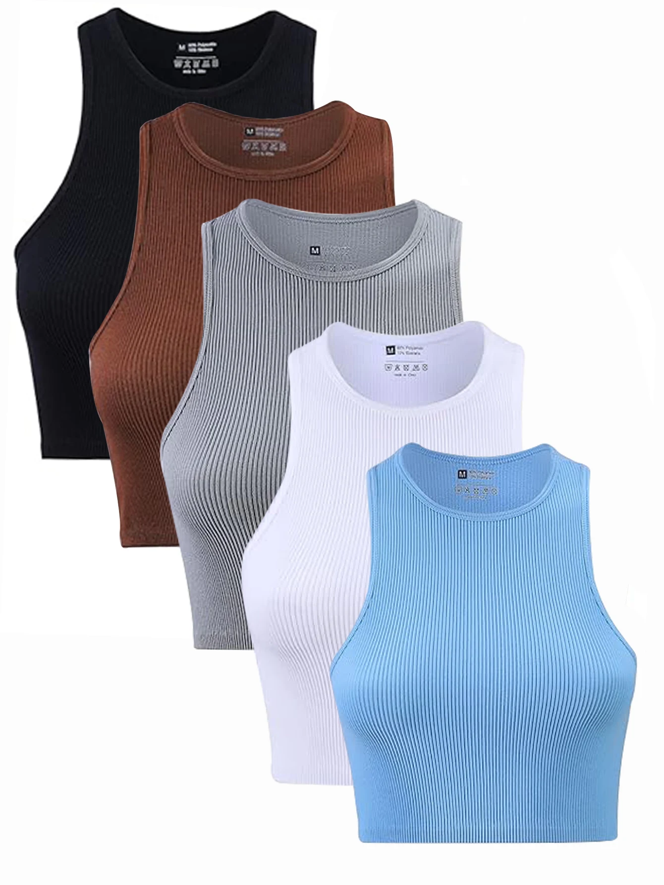 5 Pcs Women Ribbed Crop Tank Top Sleeveless Crew Neck Sports Yoga Fitness Gym Workout Cropped Rib Knit Racerback Tank Tops