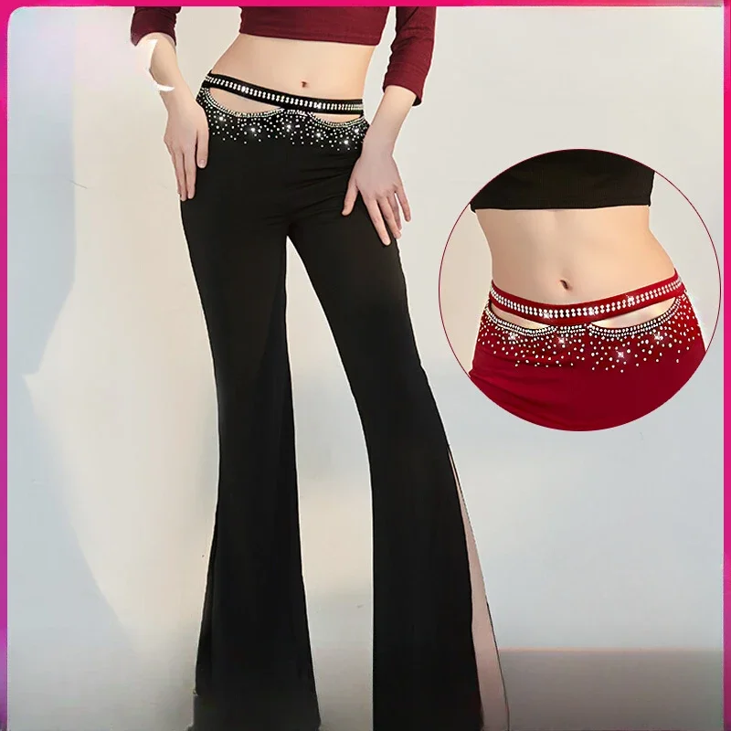 Belly Dance Autumn and Winter AB Stones Tassel Pants Dance Practice Pants Hot Diamond Shiny Flared Pants Practice Group Uniform