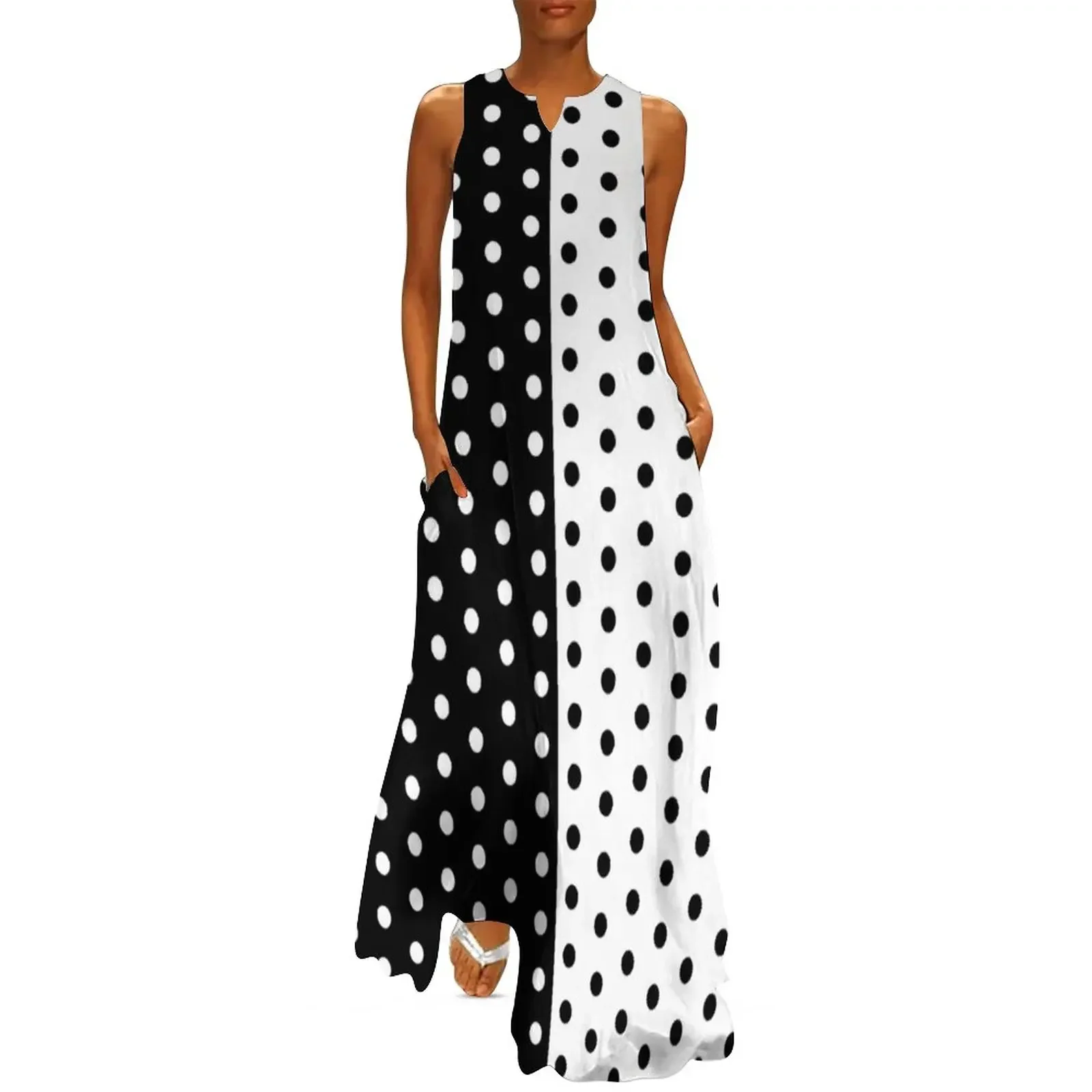 Retro Dwukolorowa Sukienka Wiosna Czarny Biały Kropka Street Wear Boho Beach Długie Sukienki Damskie Vintage Maxi Dress Summer Robe Vestidos