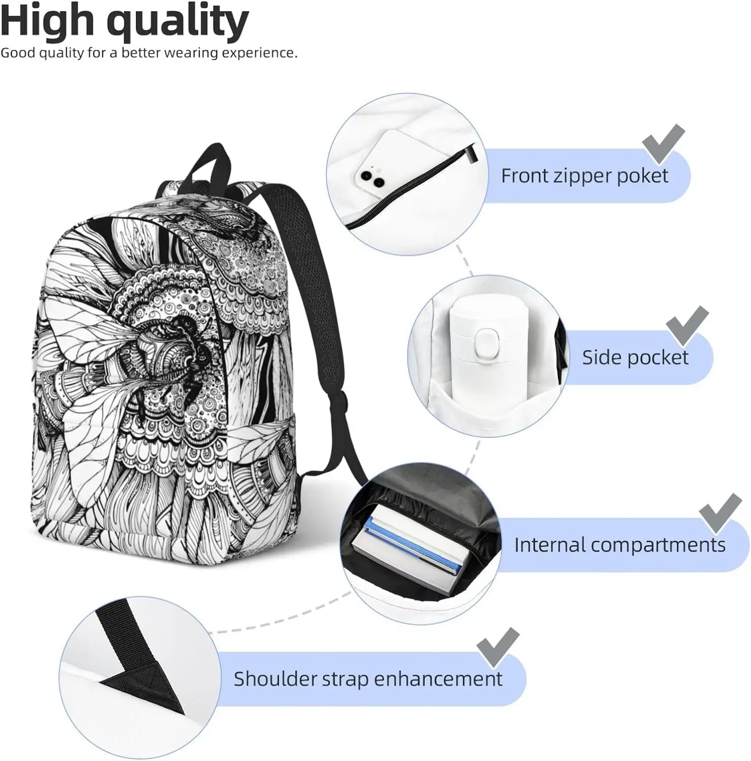 Backpack Casual Lightweight Bee And Flower Laptop Backpack Men Women Travel Bag Outdoor Canvas Daypack image 5