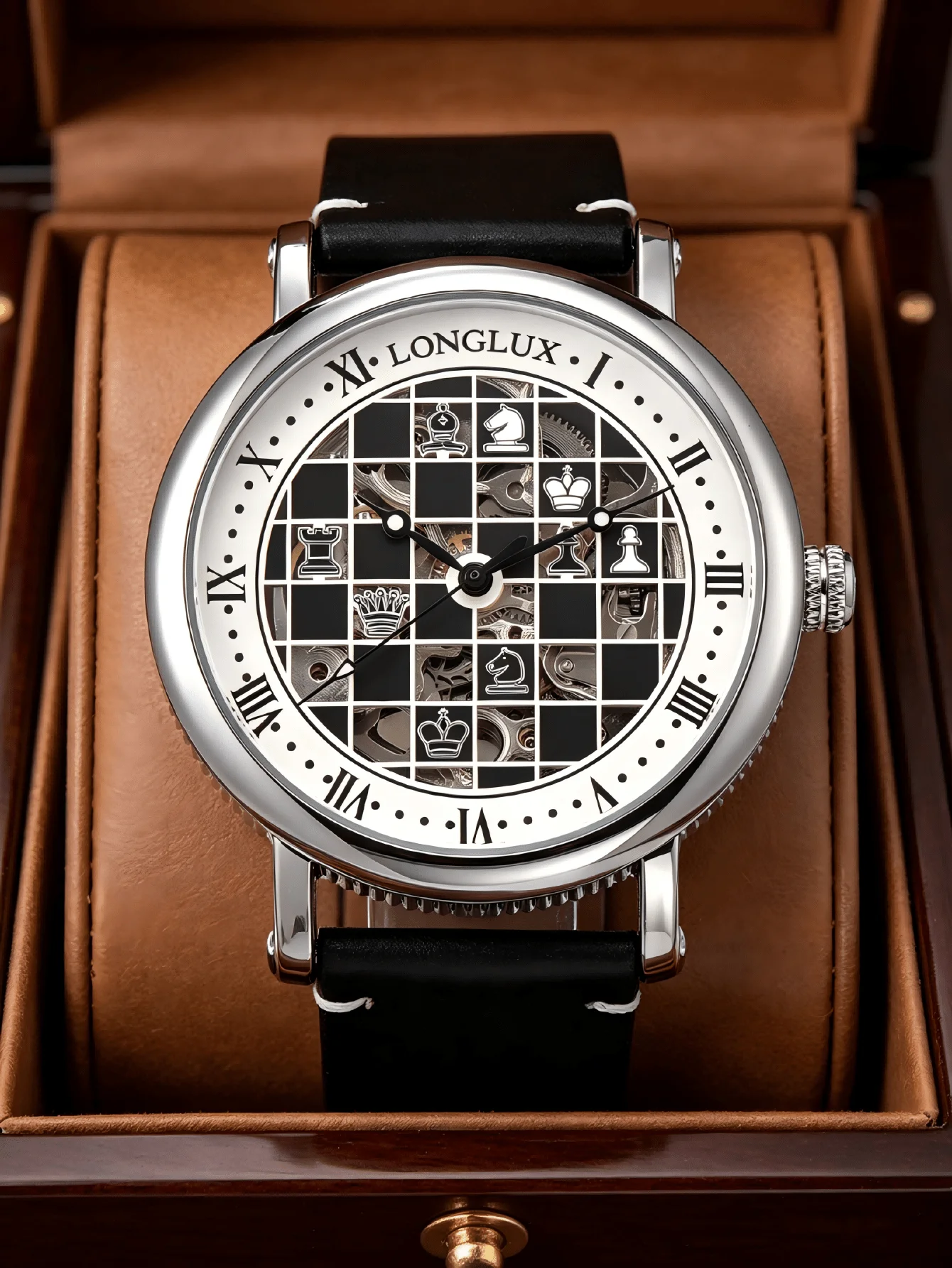 LONGLUX 1pc Men's Automatic Mechanical Watch, Checkerboard Dial, Vintage Roman Numerals, Business Style, PU Leather Strap, Daily Wear