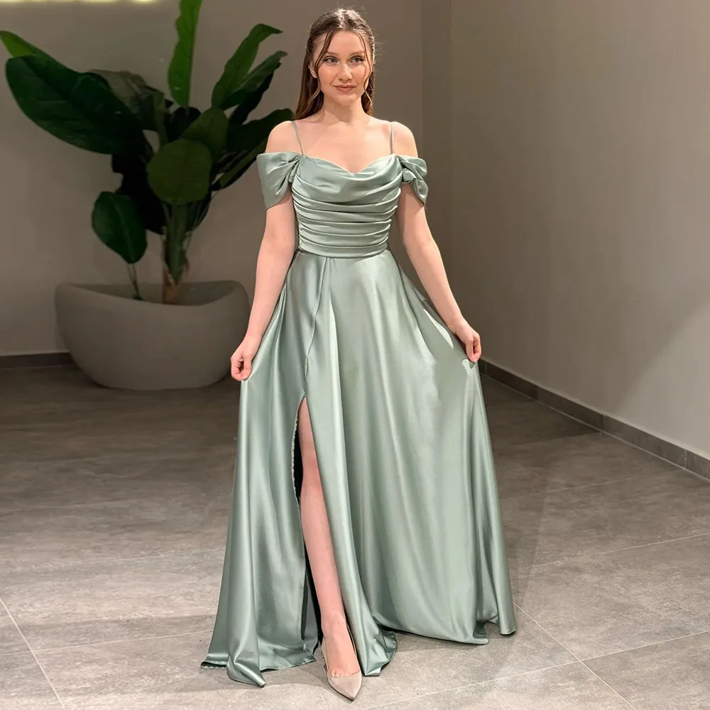 

Classic Mint Green Satin Evening Dress 2026 Customized Pleats Spaghetti Straps Party Gowns Side Slit A-Line Prom Dresses