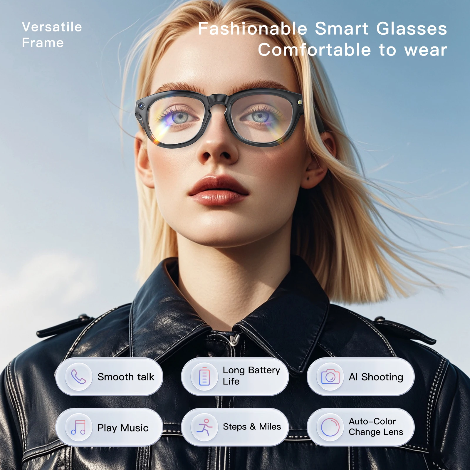 AI Smart Glasses Recording Videos Photo Recognition Answer Translation 260mAh Battery Waterproof Bluetooth Color Change Glasses
