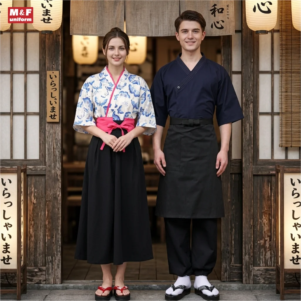 Creative Elegant Japanese Uniform Design Waitress Outfit White Butterfly Pattern Top Button up Blue Japanese Style Workwear