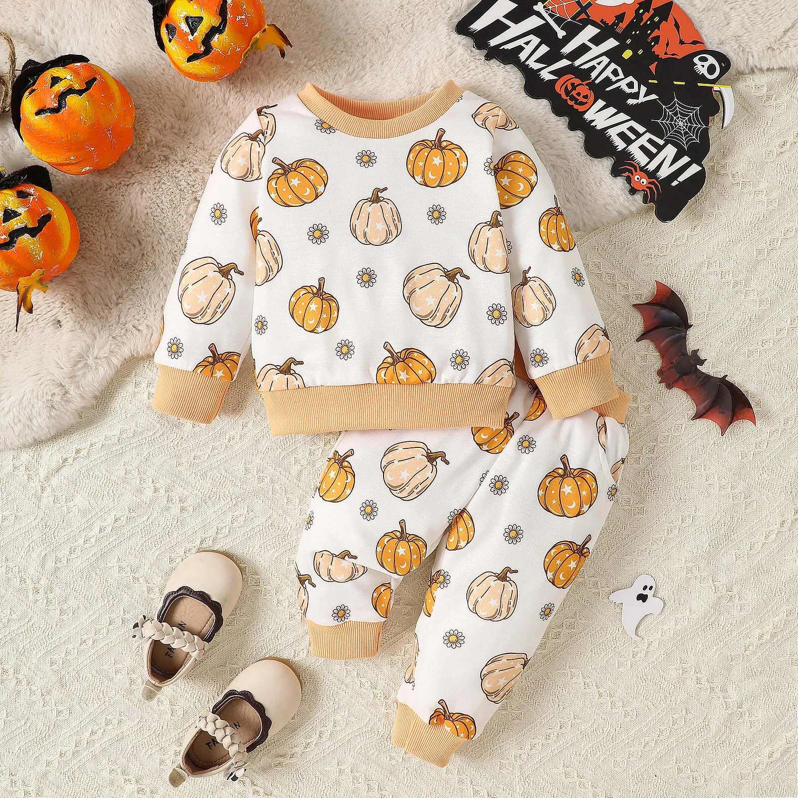 

1-3Y Cute Baby Girls Boys Clothes Sets Halloween Soft Warm Clothes Pumpkin Print Ruffles Long Sleeve Sweatshirt Tops+Pants