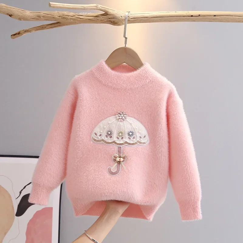 

Children's Sweater Pullover Girl's Mink Plush Baby Top Wearing Knitted Middle School Student Girl Children's Clothing