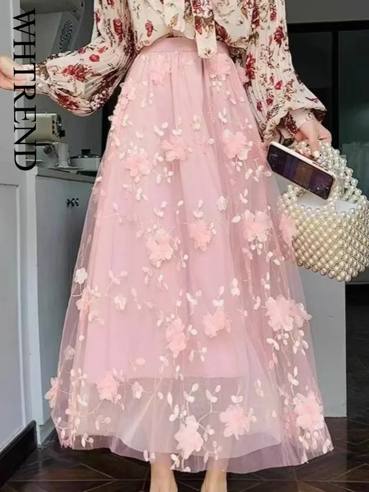 

WHTREND Spring Summer New High Waist Double Layer Mesh Large Hem 3D Flower Midi Skirt Female Clothing WH1465