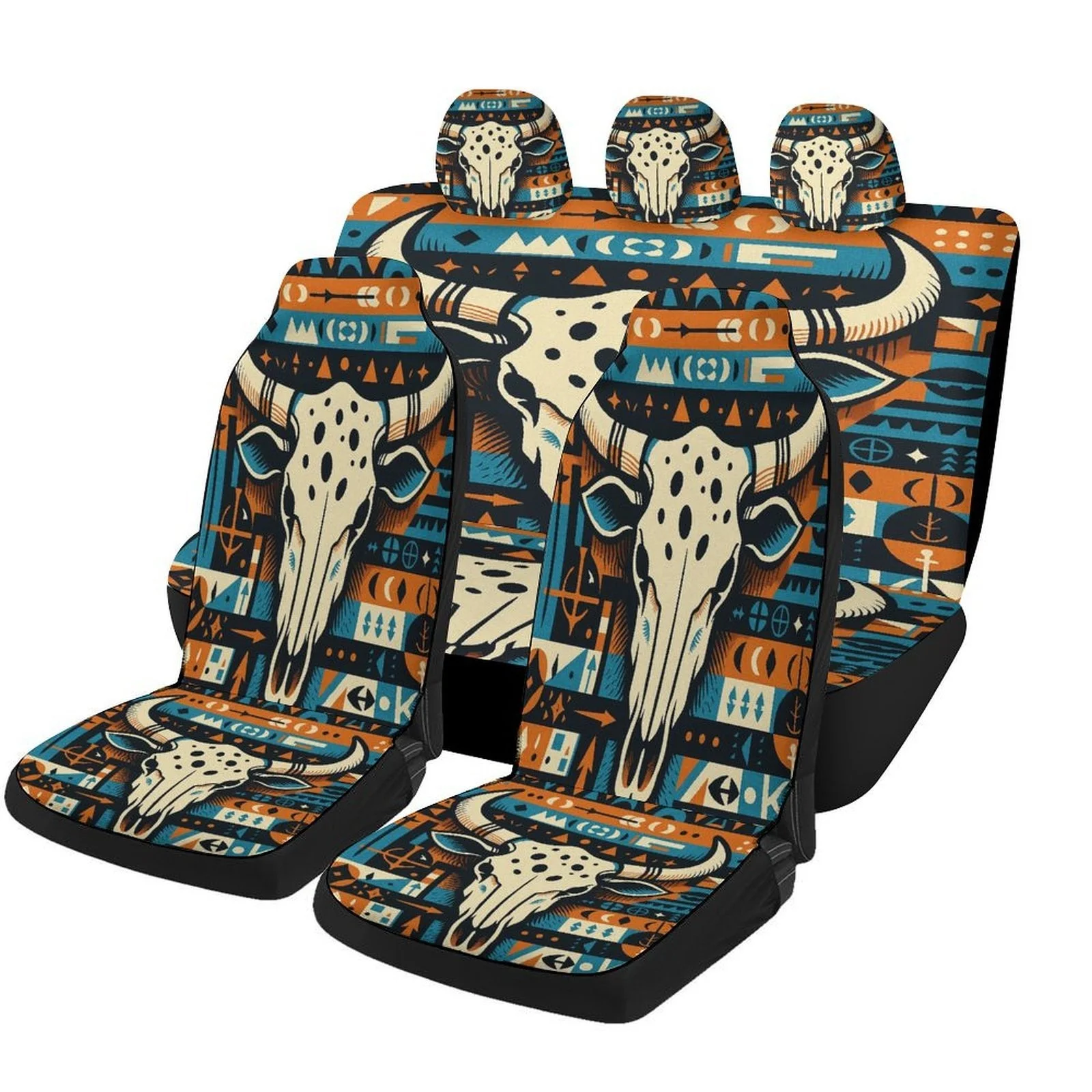 Set Of Car Seat Covers Featuring A Bull Skull Design, Suitable For Various Vehicles. Stylish And Durable, This Complete Set Incl