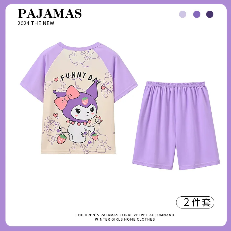 2024 Hello Kitty Sanrio Pompompurin Children Pajamas Kawaii Anime Cinnamoroll My Melody Short Sleeve Girls Heart Summer Kid Gift