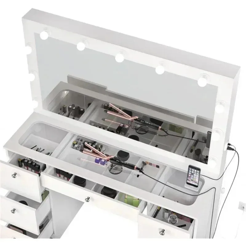 QAZ8-Bhaus Yara مكتب غرفة نوم كبير مع مرآة وأضواء. 7 أدراج. سطح زجاجي. مقابض كريستال - مكياج أبيض كبير @ Y