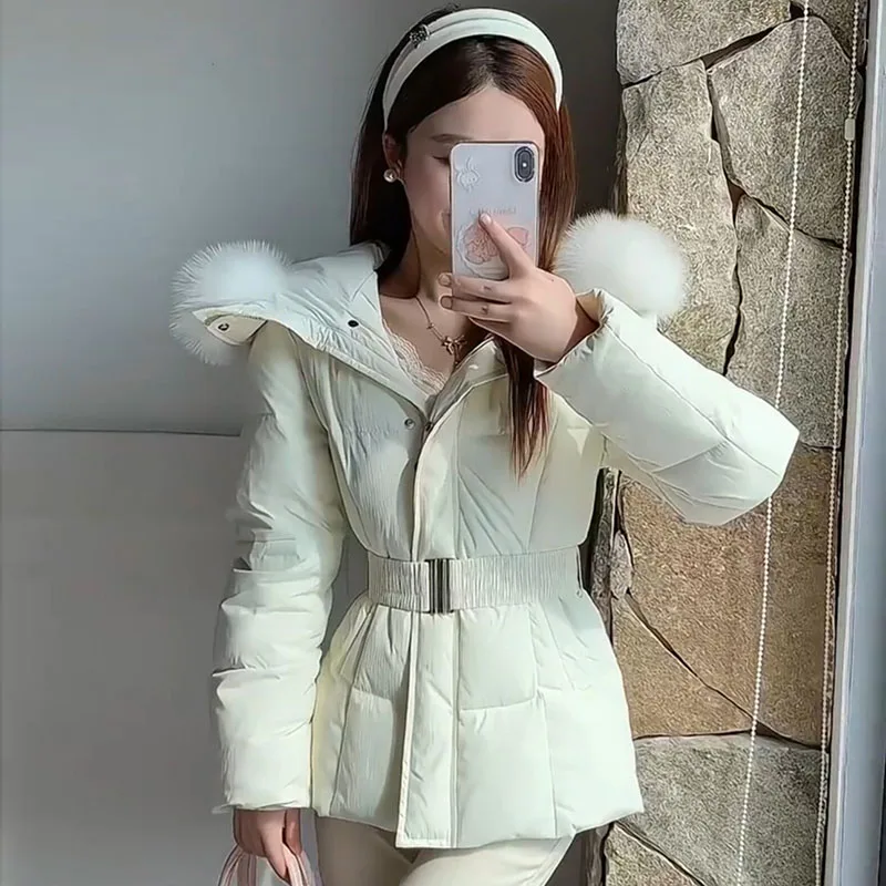 Winter Women's Faux Fur Collar Hooded Parkas Fashion Belt Thick Padded Cotton Jacket Women Slim Fit Solid Zipper Puffer Jackets 4