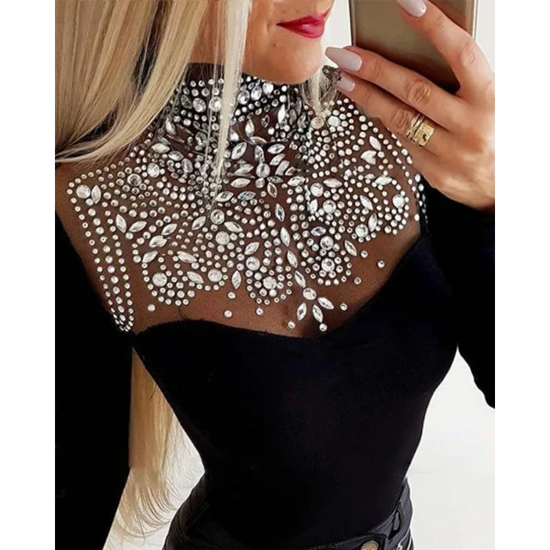 Women\'s Solid Color Rhinestone Mesh Slim Fit Patchwork Top Spring Summer New T-shirt Top Women\'s Long Sleeve Turtleneck T-shirt