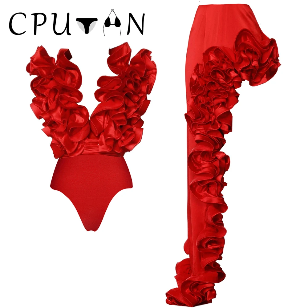 CPUTAN 2024 Sexy Red 3D Flower V Neck Bikini Set One Piece Women‘s Swimsuit and Skirt Swimwear Beach Dress Bathing Suit Monokini