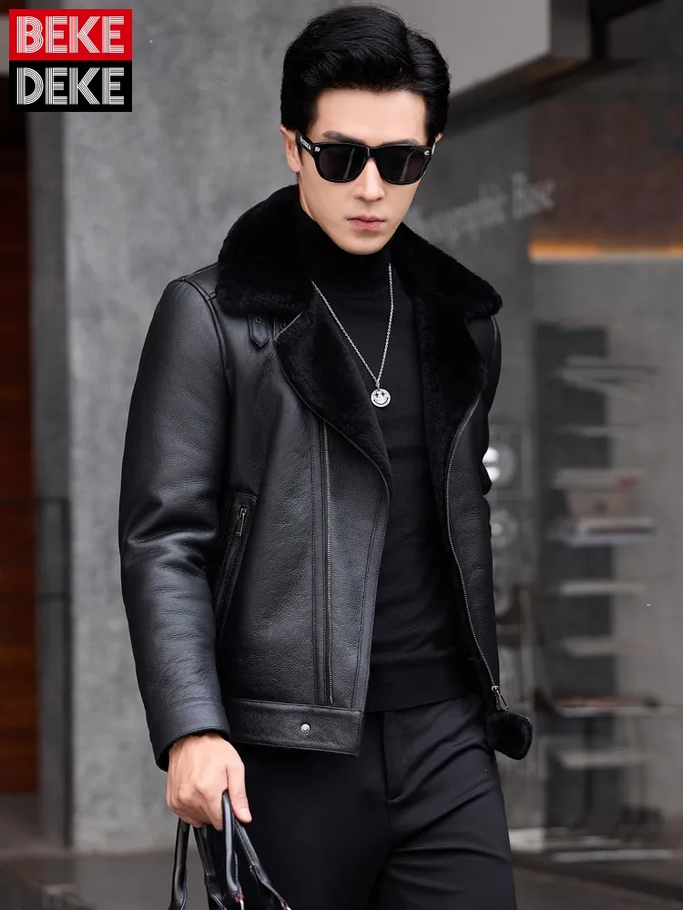 

Punk Slim Fit Mens Real Fur Winter Warm Wool Liner Genuine Leather Motorcycle Short Coat Male Zipper Streetwear Shearling Jacket