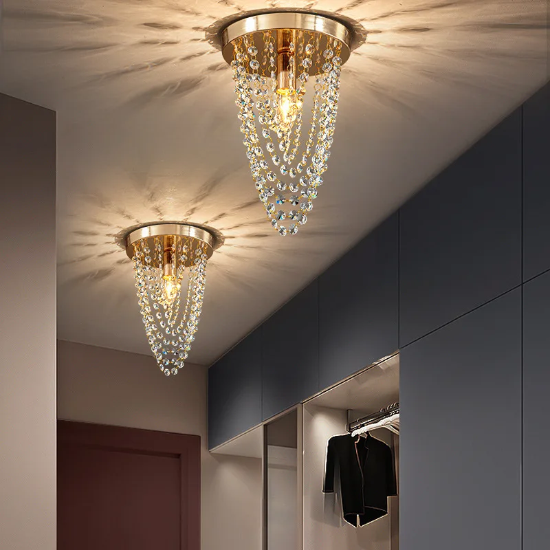 Imagem -02 - Golden Hanging Crystal Teto Light Lâmpada do Teto para Home Decor Lâmpada de Superfície Montada Luminária Interior Substituível