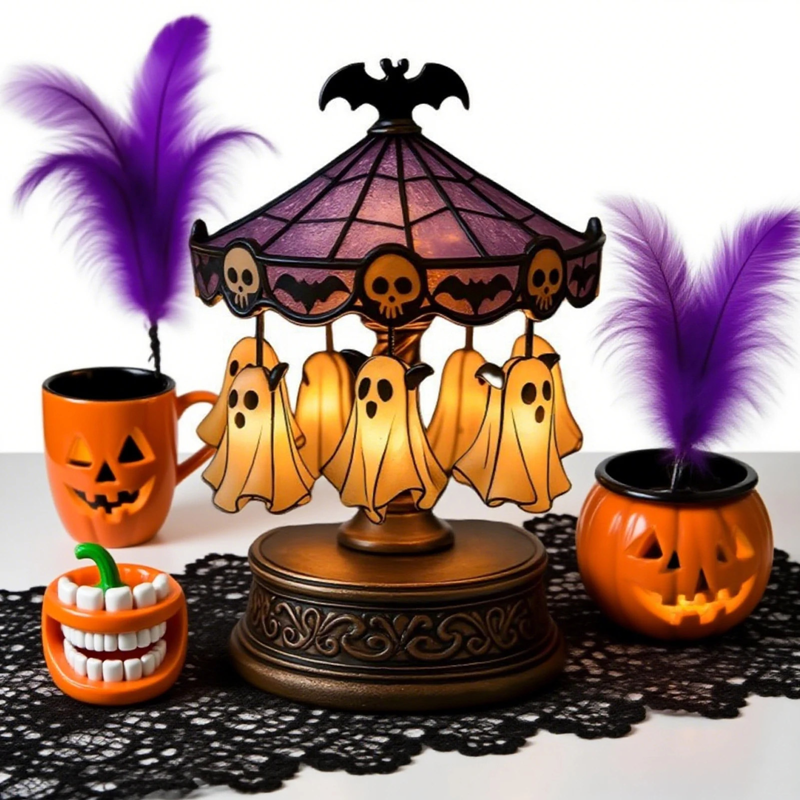 

Halloween Ghost Carousel Stained Glass Carousel Night Light With Ghost Desk Reading Lamp For Bedroom Mantel Tabletop Decor