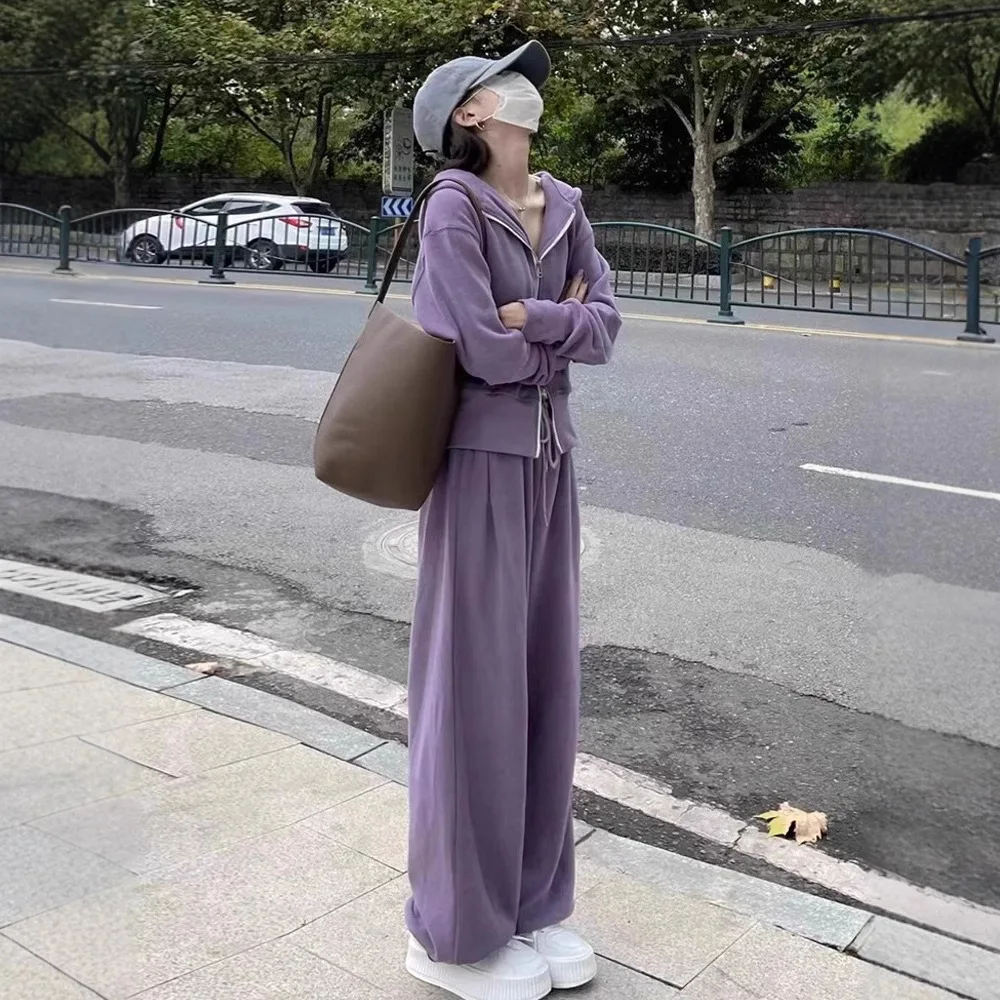 Women's Black Hooded Drawstring Waist Tracksuit Loose Wide Leg Pants 2 Piece Set Casual Loungewear Daily Outfits